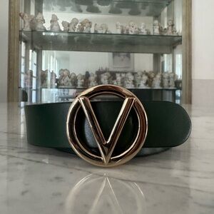 Valentino Dark Green Belt with Gold V Buckle